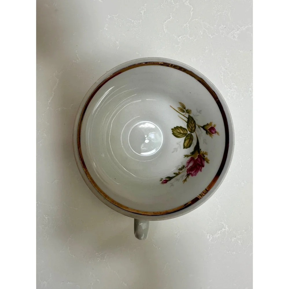 Walbrzych Poland Porcelain Tea Cup and Saucer Set Pink Rose‎ Gold Trim Vintage